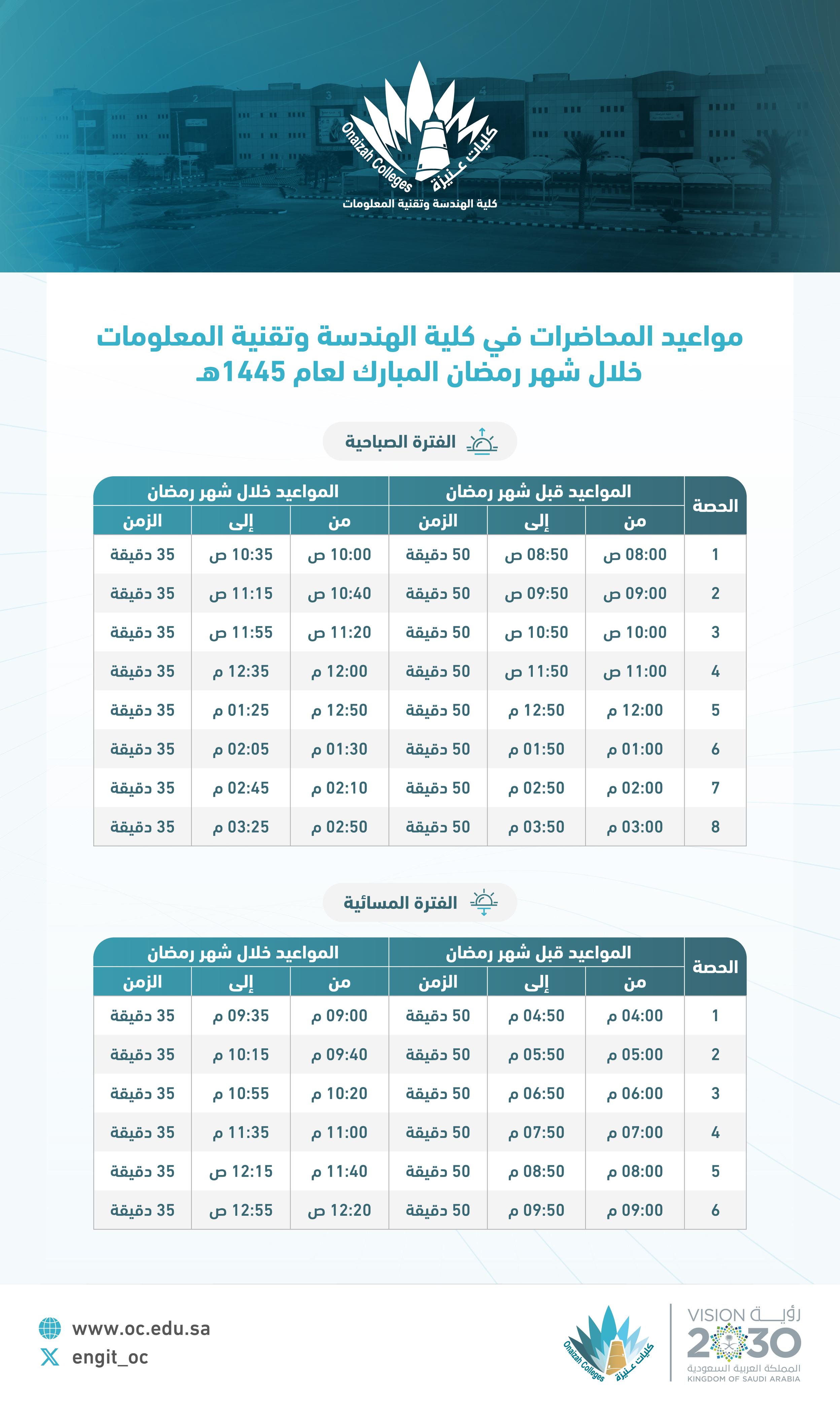 مواعيد المحاضرات خلال شهر رمضان